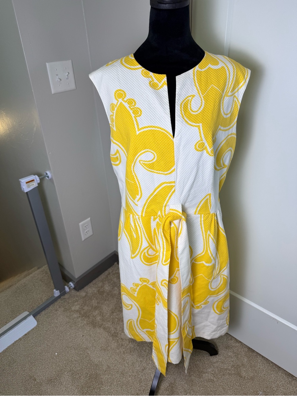 Talbots Yellow White Cap Sleeve Notched Neck Midi Dress Business Casual Tie 14